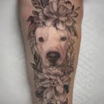 Dog Memorial Tattoo With Flowers 8