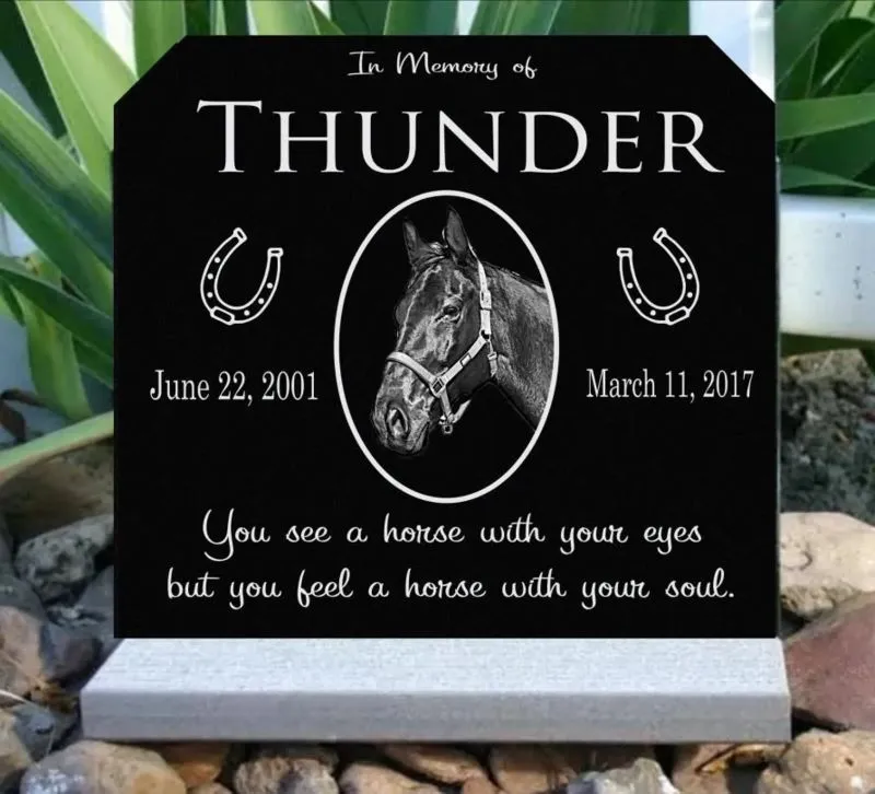 Pet Memorial Guides by Pet Type 9 Polished Granite Upright Stone with Horse Portrait