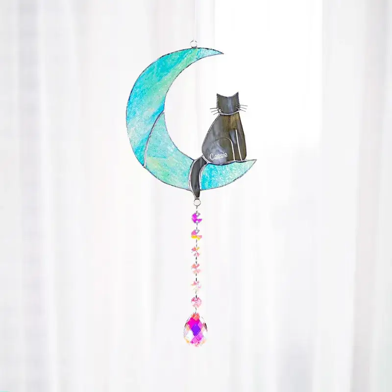 Cat Memorial Wind Chime 2 Moon & Cat Glass Crystal Chime