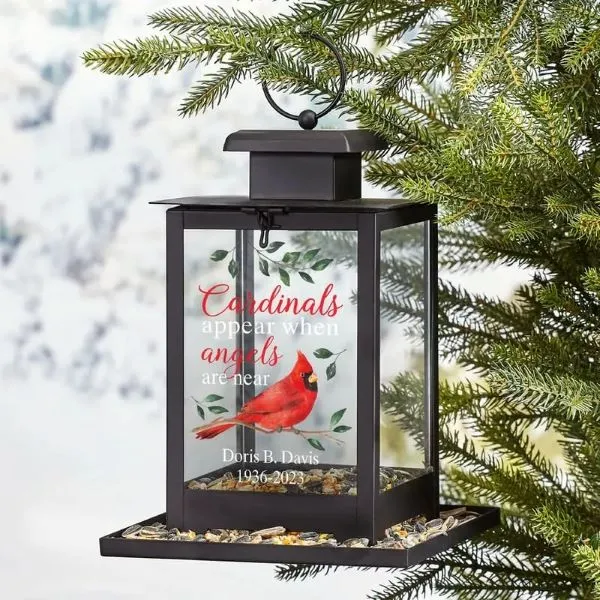 “Cardinals Appear When Angels Are Near” Glass Lantern Feeder