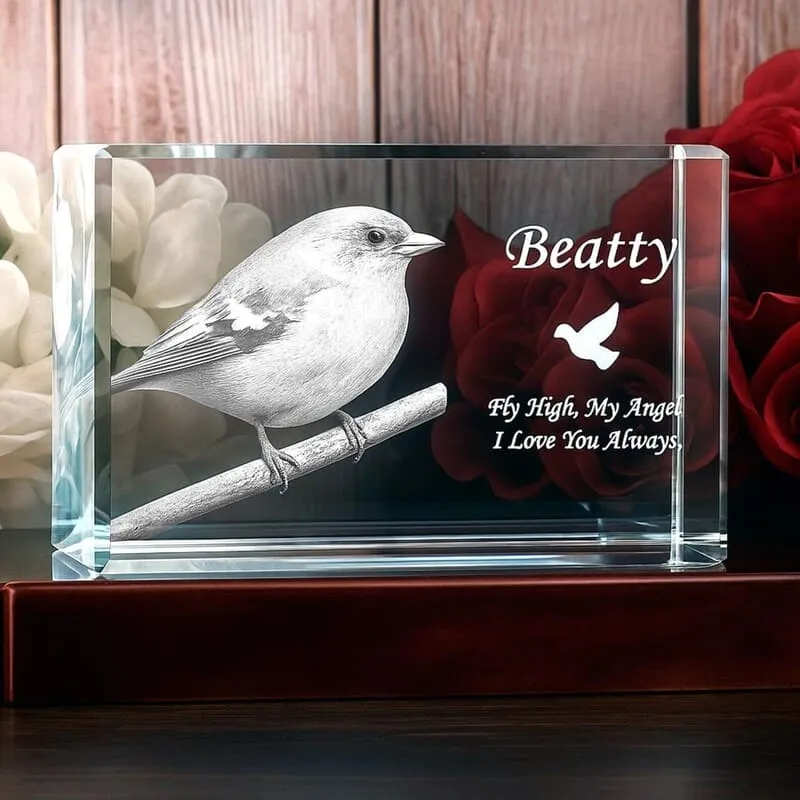Bird Memorial Gifts & Keepsakes 3 Crystal Bird Memorial Plaque – “Beatty” Glass Keepsake Block