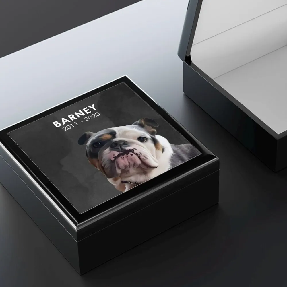 Black glossy pet memorial keepsake box with printed dog portrait and engraved dates