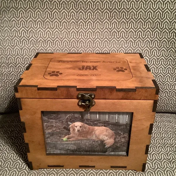 light brown wooden pet combination box with front photo display and engraved top